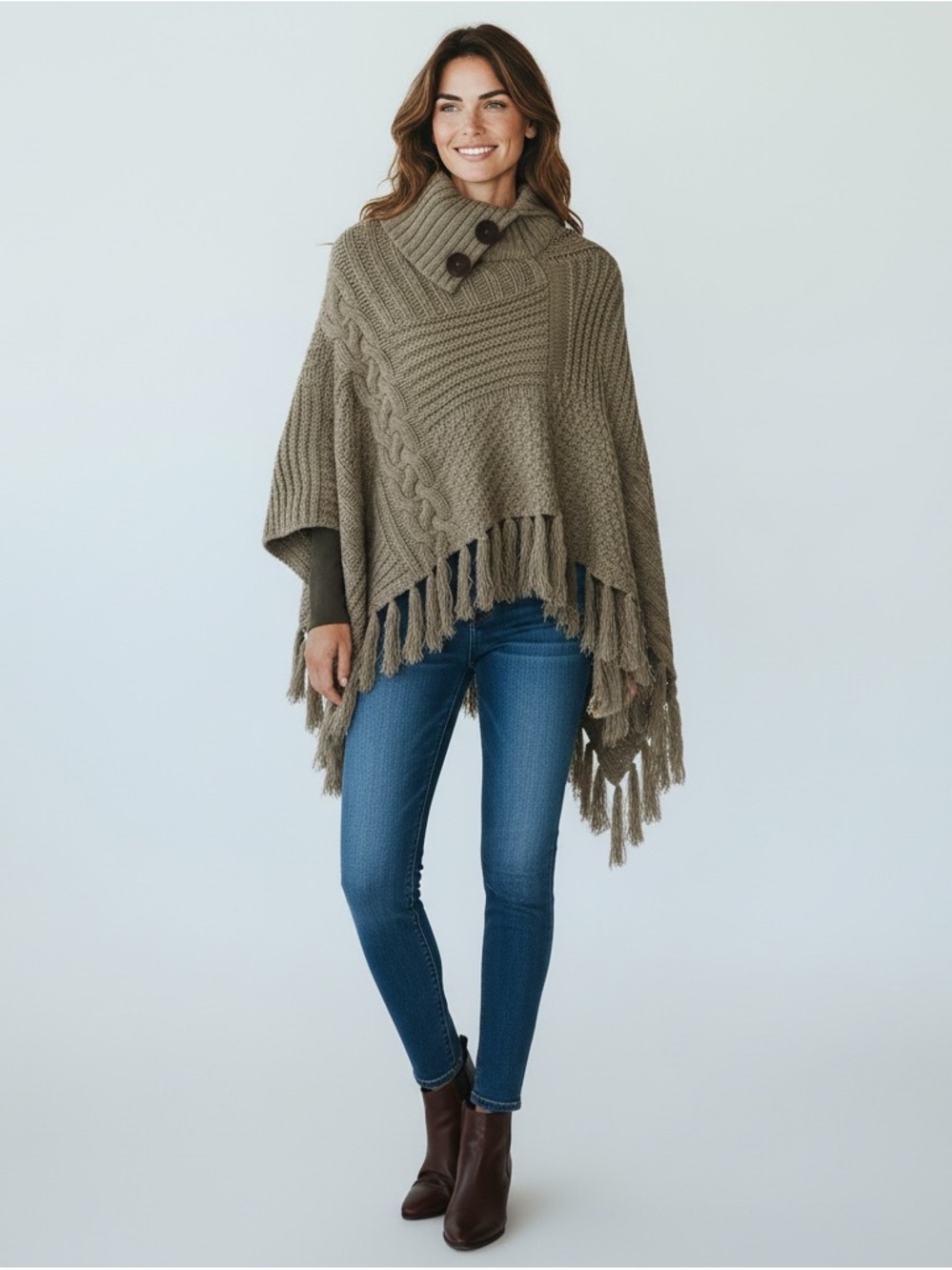 OS Fringed Knit Poncho Sweater - Mocha